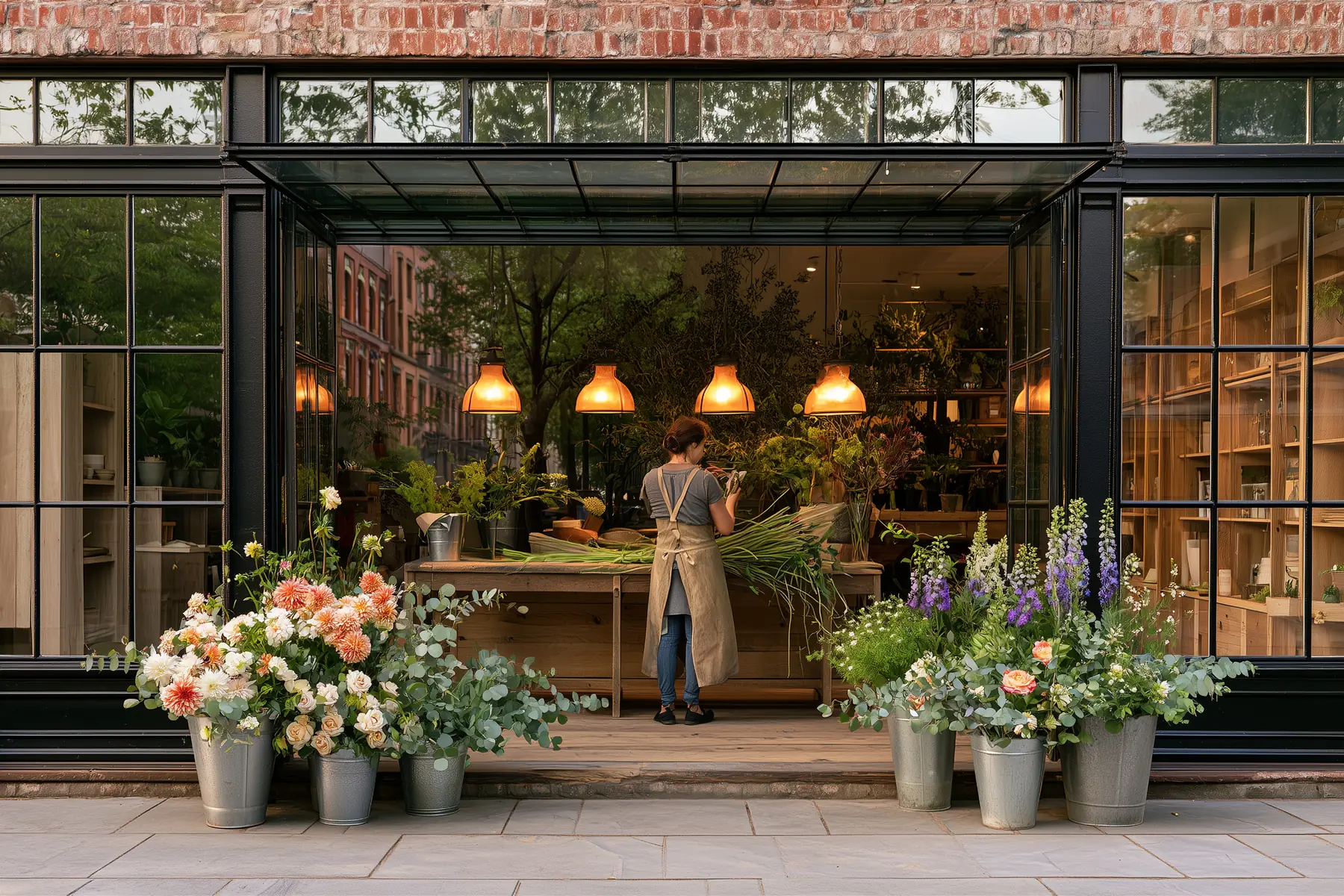 A florist standing at a wooden workbench inside an open-fronted shop at dusk, tying a bundle of stems, with buckets of dahlias, roses and eucalyptus lined up on the pavement outside.