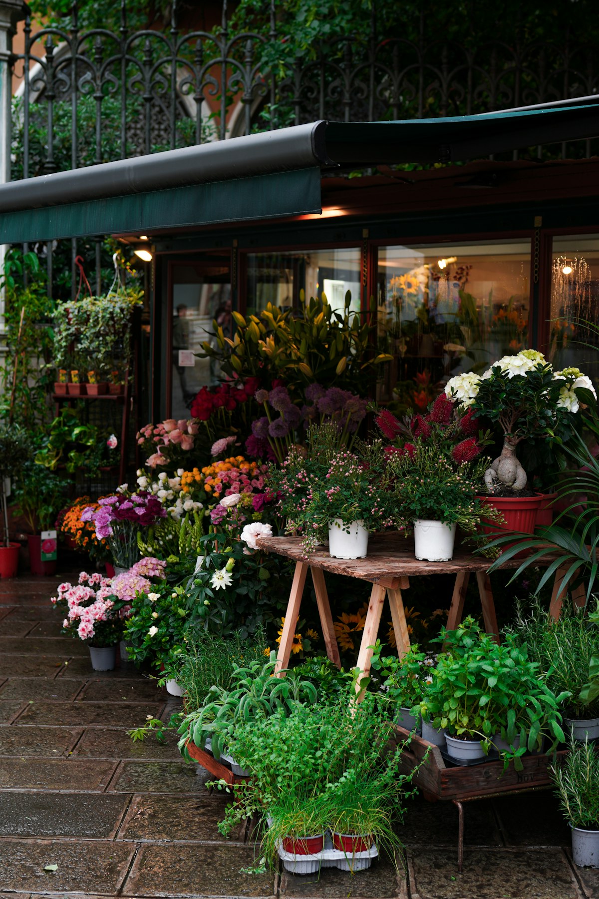 Inside a flower shop, buckets of stems and greenery on the floor